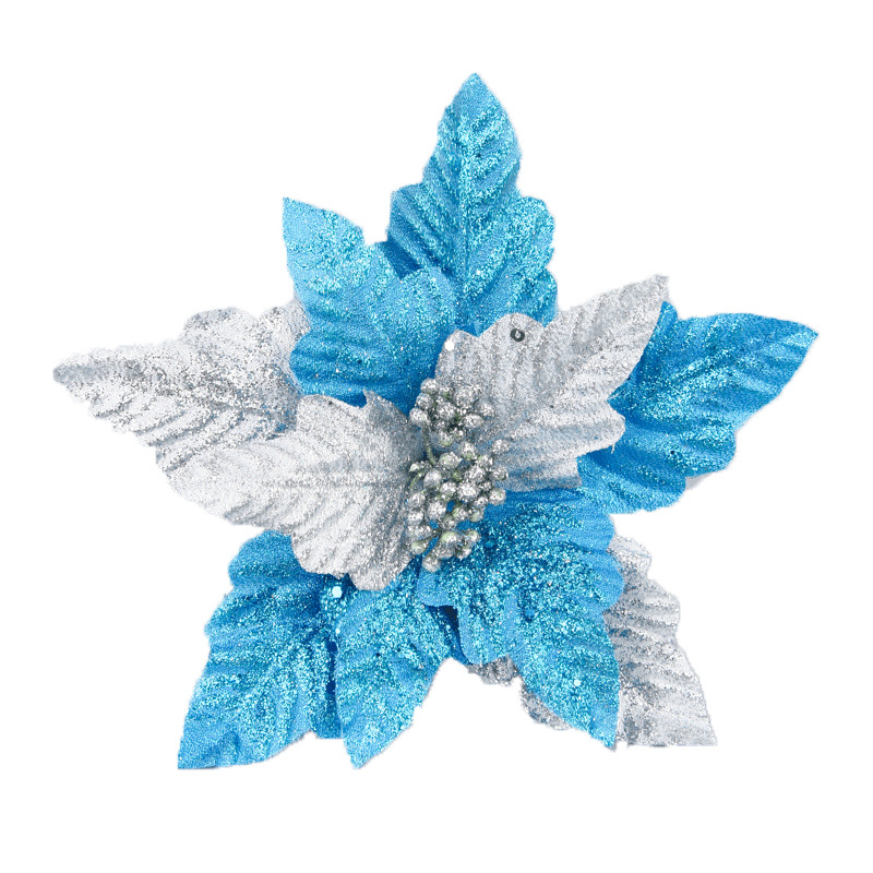 Amazon nueva plata azul de doble capa de Navidad Flor de Navidad árbol de Navidad simulación rama flor brillo decoraciones de flores