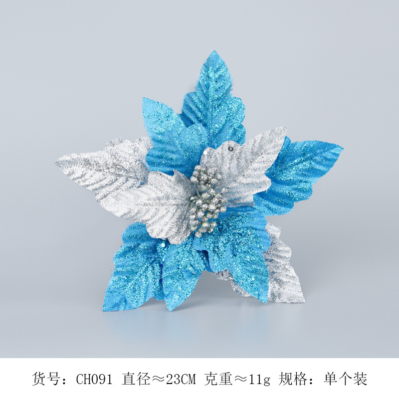 Amazon nueva plata azul de doble capa de Navidad Flor de Navidad árbol de Navidad simulación rama flor brillo decoraciones de flores