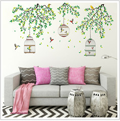牆貼廠家批發新款綠藤小鳥鳥籠臥室客廳可移除裝飾牆貼JM7259