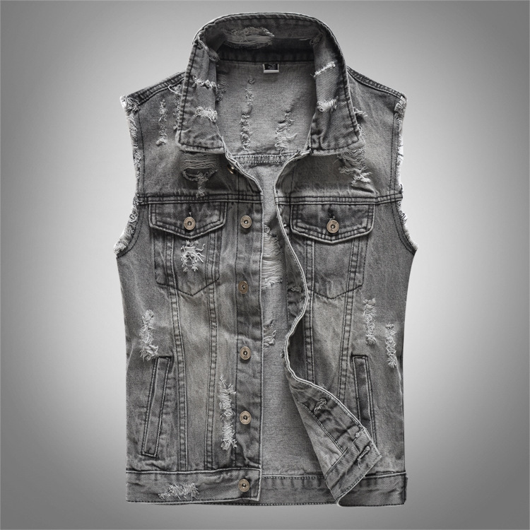 Men's Spring, Summer and Autumn Denim Vest Grey Korean Style Large Size Locomotive Foreign Trade Casual Vest Trendy Brand Waistcoat Vest