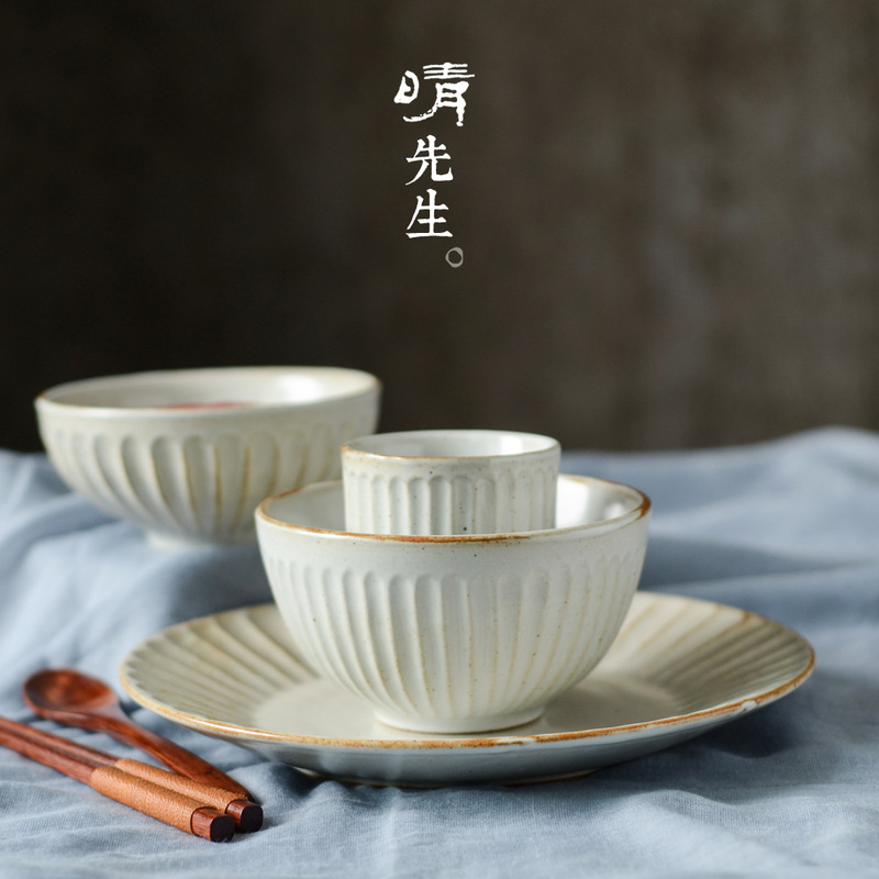 Vertical Pattern Handmade Coarse Pottery Tableware Set, Retro Style Bowl, Japanese Style Pottery Plate, Dish Plate, Household Japanese Coarse Pottery Tableware