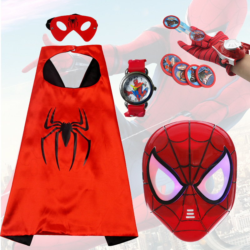 Spider-Man capa brillante máscara de Halloween niños dibujos animados juguete anime lanzador guantes reloj traje