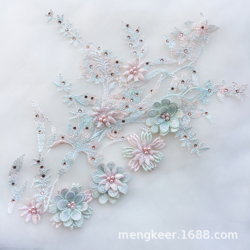 共6色3D立体花朵机器泡珠蕾丝花朵 DIY花童装流行时尚头巾盖头饰