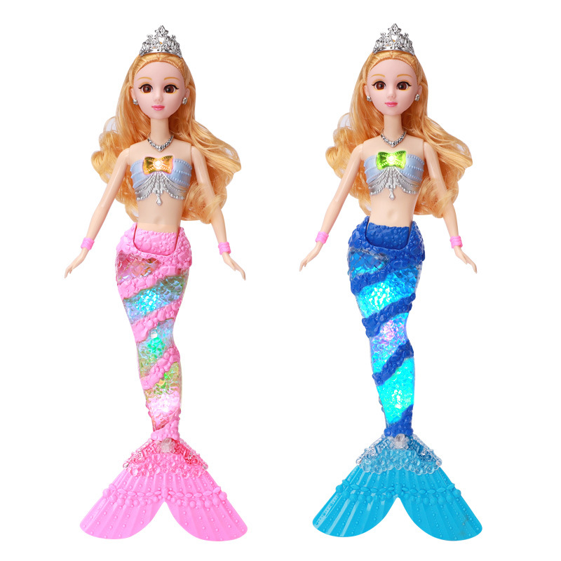 Fábrica al por mayor nuevos niños sirena juguete música ligera sirena princesa Barbie muñeca traje caja de regalo