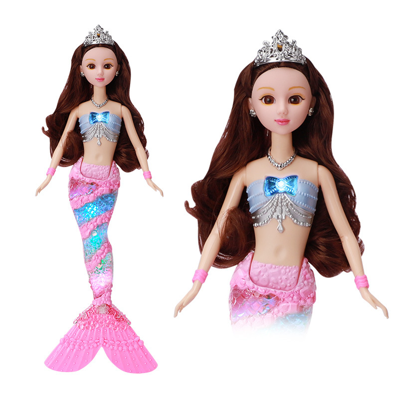 Fábrica al por mayor nuevos niños sirena juguete música ligera sirena princesa Barbie muñeca traje caja de regalo