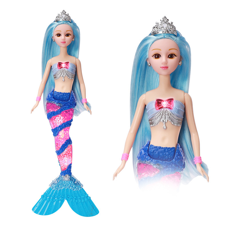 Fábrica al por mayor nuevos niños sirena juguete música ligera sirena princesa Barbie muñeca traje caja de regalo