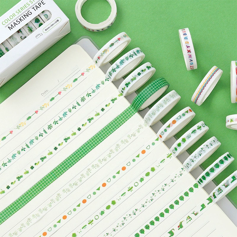 Washi Masking Tape Set, 8 mm, Rainbow Base Multi-Color Decorative Rolls