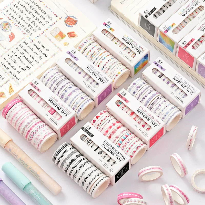Washi Masking Tape Set, 8 mm, Rainbow Base Multi-Color Decorative Rolls