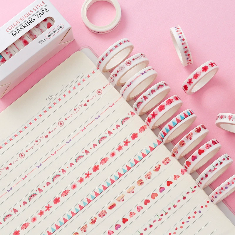 Washi Masking Tape Set, 8 mm, Rainbow Base Multi-Color Decorative Rolls