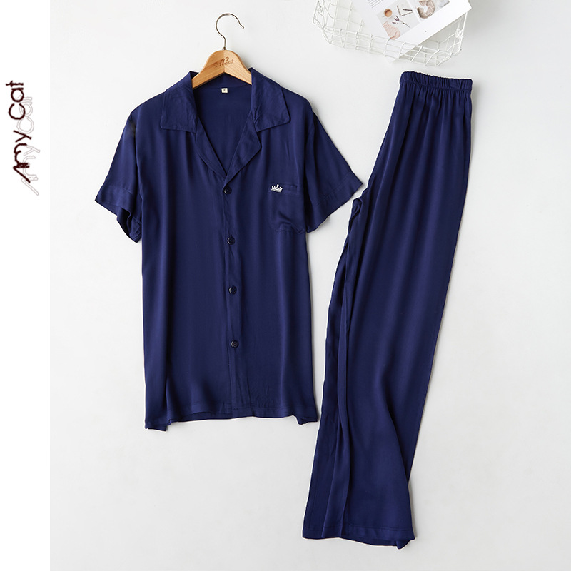 Miximao Spring And Summer Pajamas Men's Solid Color Crown Embroidery Satin Short Sleeves Long Pants Lapel Home Clothes T