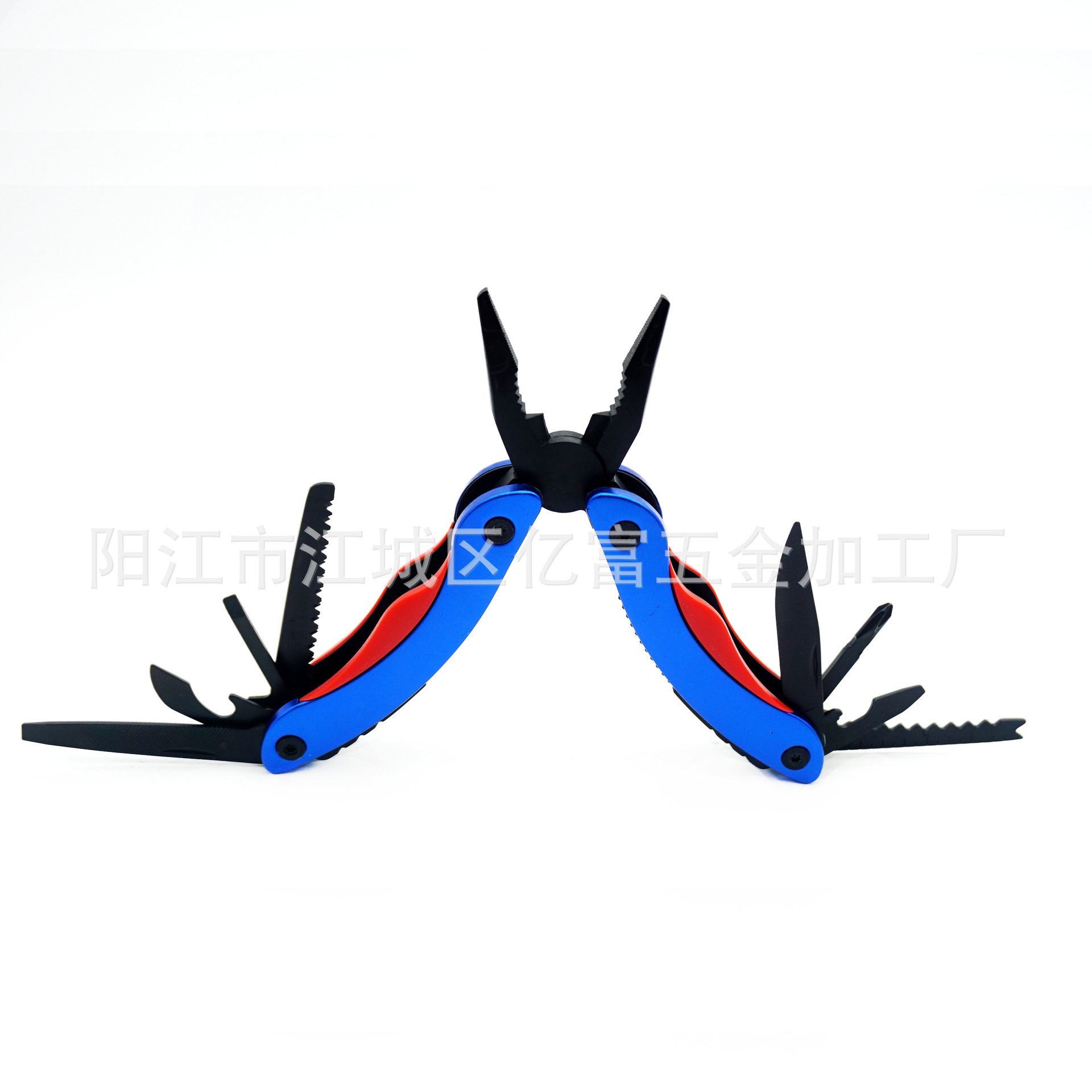 不锈钢折叠工具钳 蓝红手柄户外折叠多功能刀钳 野营多用途组合钳