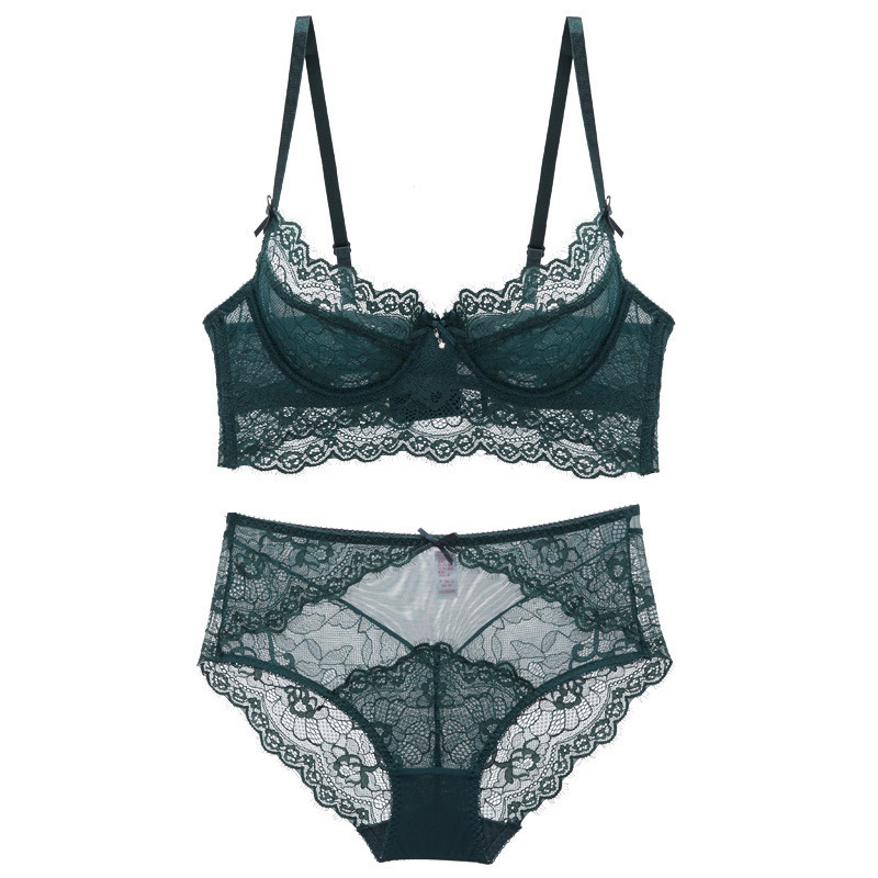 Summer New Lace Sexy Underwear Plaid Widened Side Wing Push up Ultra-Thin Cotton-Free Padded High Waist Bra Set