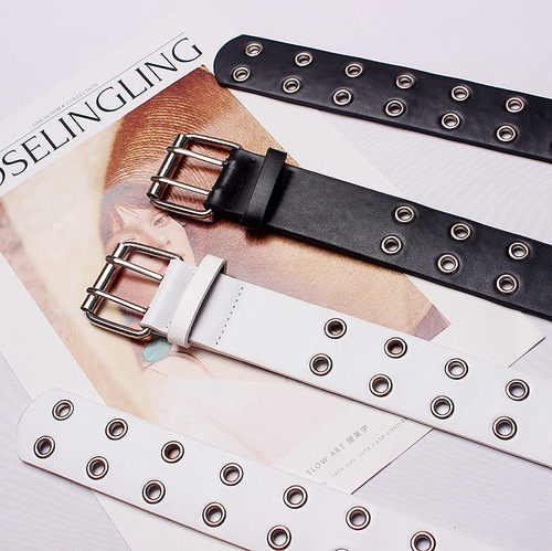 Women's Belt Manufacturer Wholesale Double Row Steam Eye Hip-Hop Trendy Leather Metal Hollow Women's Punk Belt