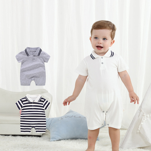 Newborn Baby Bodysuit Polo Collar Baby Clothes Summer Short Sleeve Thin Baby Clothes Solid Color Hati