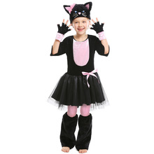 万圣节跨境服装动物角色装扮服cosplay黑粉猫咪蝴蝶结儿童演出服
