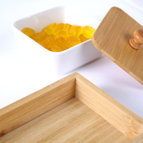 Ceramic Bamboo Wood Dry Fruit Nut Tray Divided with Lid Candy Melon Seed Box Living Room Snack Plate Wooden