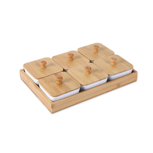 Ceramic Bamboo Wood Dry Fruit Nut Tray Divided with Lid Candy Melon Seed Box Living Room Snack Plate Wooden