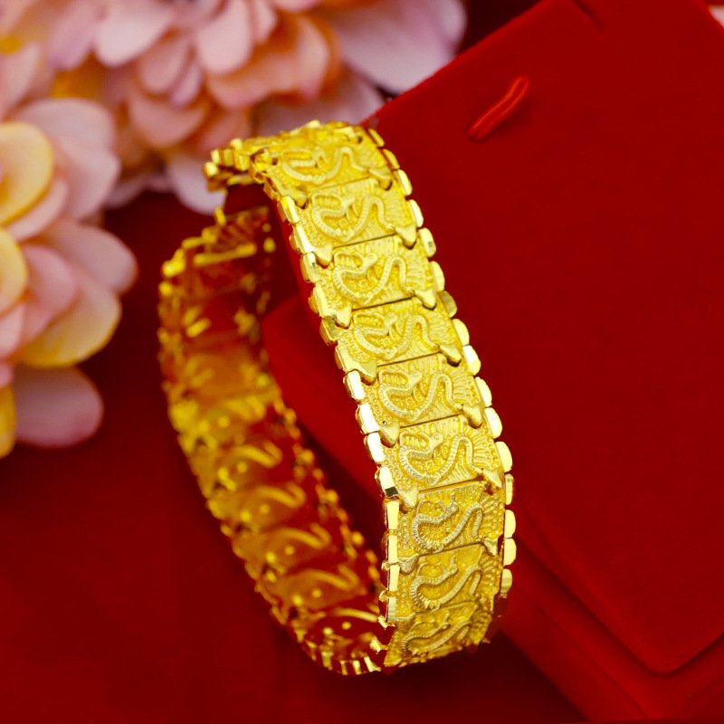 Brass Dragon Pattern Watch Chain Widened Gold Plated Bracelet Men's Bully Dragon Row Bracelet Coarse Gold Plated Bracelet Width 20mm