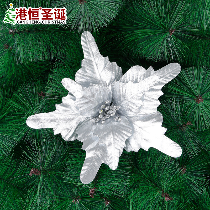 Flor navideña artificial plateada de 22 cm con polvo dorado, corona para árbol de Navidad, decoración floral, artículos navideños.