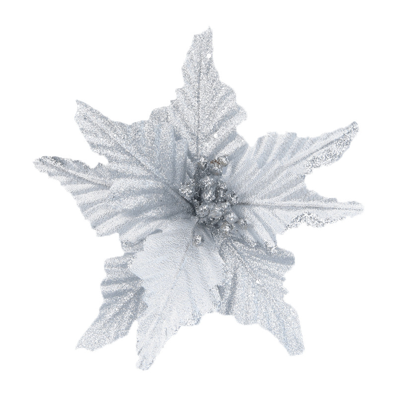 Flor navideña artificial plateada de 22 cm con polvo dorado, corona para árbol de Navidad, decoración floral, artículos navideños.