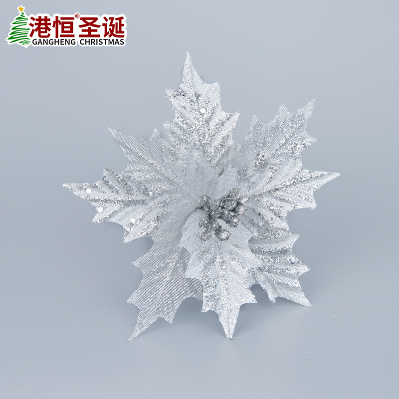 Flor navideña artificial plateada de 22 cm con polvo dorado, corona para árbol de Navidad, decoración floral, artículos navideños.