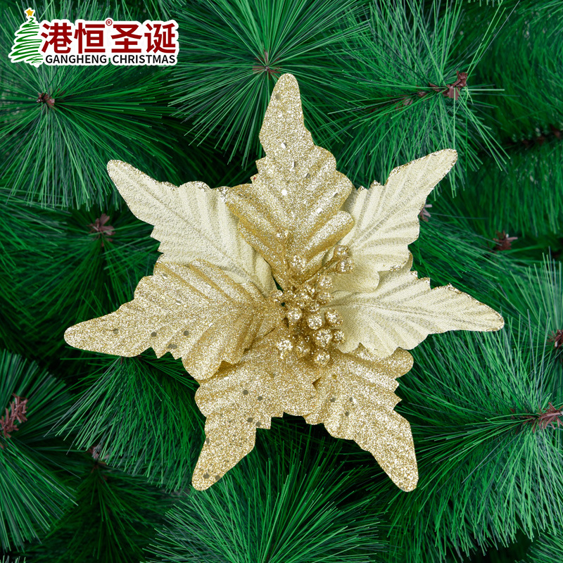 Flores navideñas hechas a mano con doble capa de polvo dorado simulado y esquinas puntiagudas, decoraciones navideñas, arreglos florales de tela navideña y adornos.