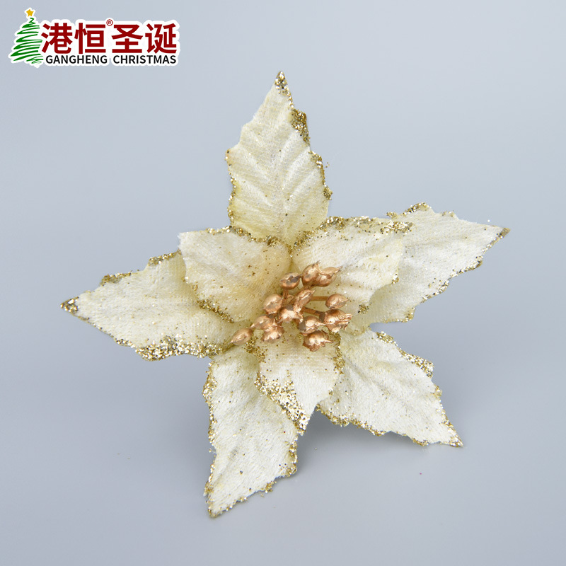 Flores navideñas hechas a mano con doble capa de polvo dorado simulado y esquinas puntiagudas, decoraciones navideñas, arreglos florales de tela navideña y adornos.