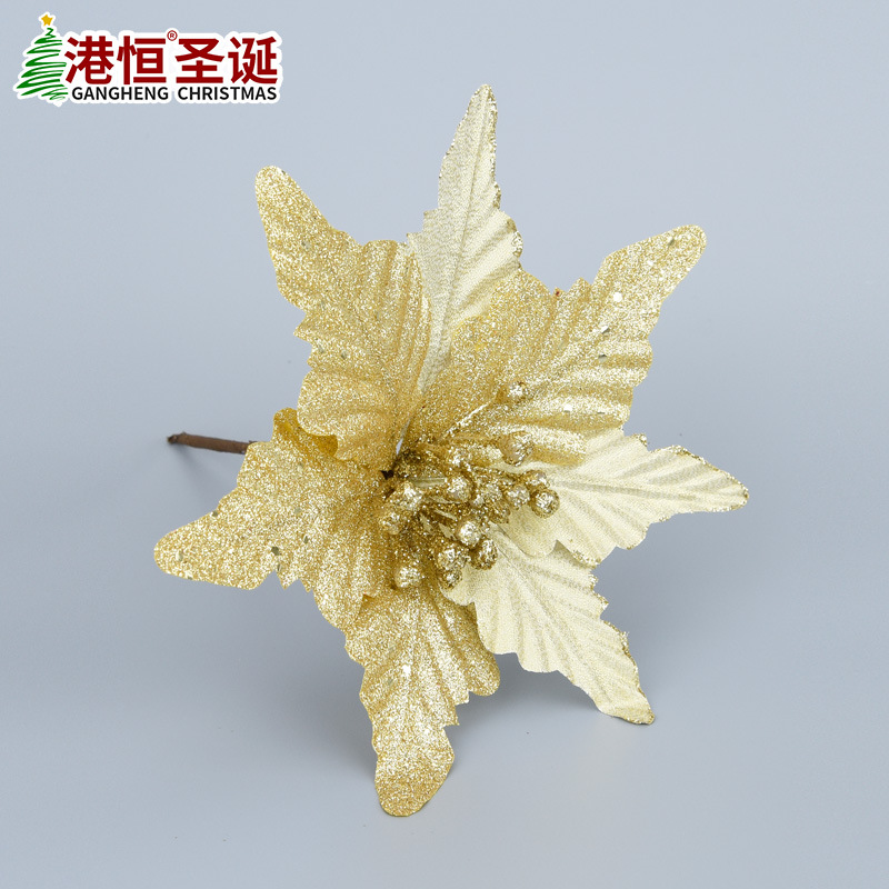 Flores navideñas hechas a mano con doble capa de polvo dorado simulado y esquinas puntiagudas, decoraciones navideñas, arreglos florales de tela navideña y adornos.