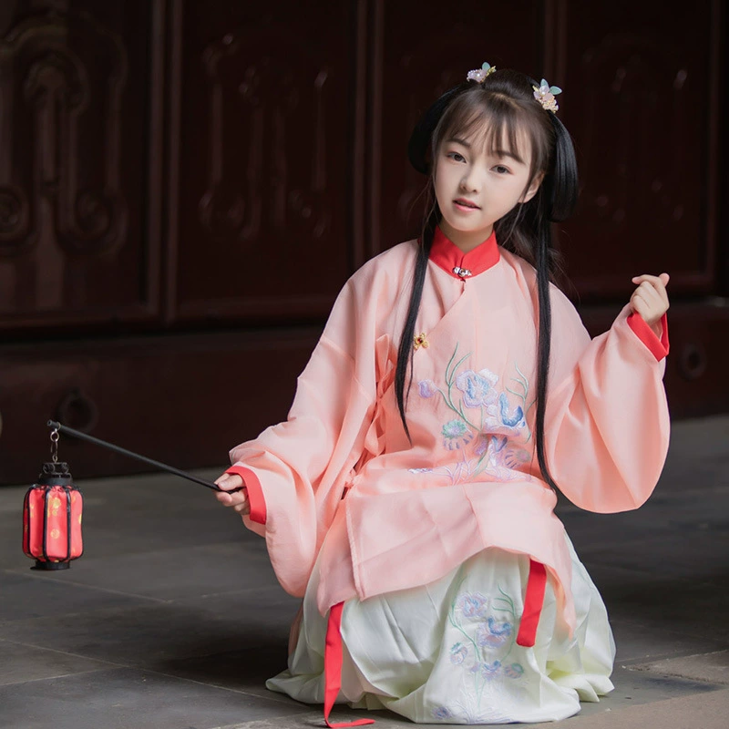 Детская длинная рубашка цвета ханьфу с воротником-стойкой, юбка-конь, юбка с вышивкой, платье Guzheng для маленьких девочек на весну и лето в китайском стиле