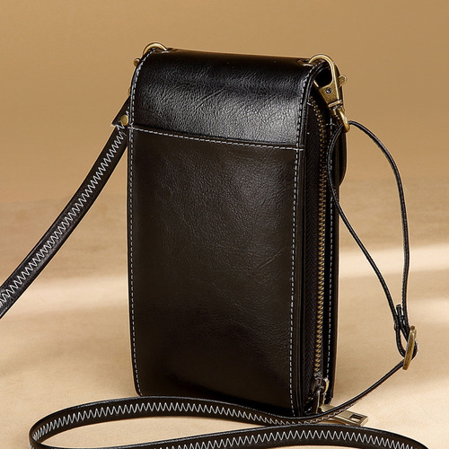 Korean Vintage Genuine Leather Phone Case for Women, Multifunctional Crossbody Fashion Single Shoulder Mini Zipper Small Bag Handbag