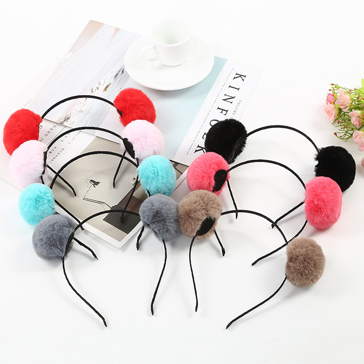 Celebridad estilo de moda estilo coreano conejo-como felpa doble Bola de piel diadema lindo dibujos animados vacaciones cabeza creativa hebilla para el comercio electrónico