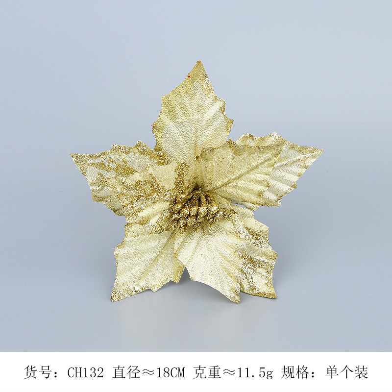 Flores navideñas hechas a mano con doble capa de polvo dorado simulado y esquinas puntiagudas, decoraciones navideñas, arreglos florales de tela navideña y adornos.