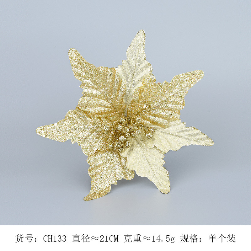 Flores navideñas hechas a mano con doble capa de polvo dorado simulado y esquinas puntiagudas, decoraciones navideñas, arreglos florales de tela navideña y adornos.