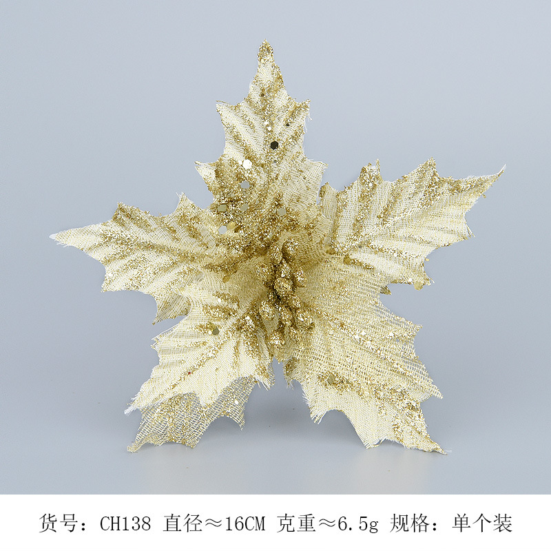 Flores navideñas hechas a mano con doble capa de polvo dorado simulado y esquinas puntiagudas, decoraciones navideñas, arreglos florales de tela navideña y adornos.
