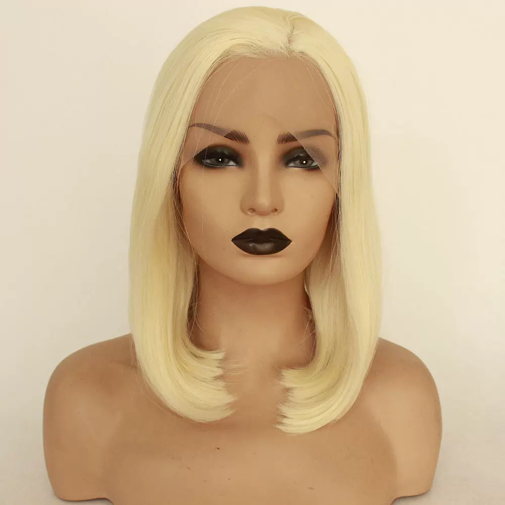 跨境金色假发 化纤13*4前蕾丝头套613色高温丝bob短直发