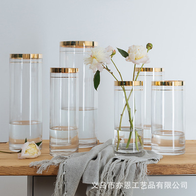 北欧婚庆路引金边透明直筒玻璃花瓶客厅鲜花水培容器家居装饰摆件