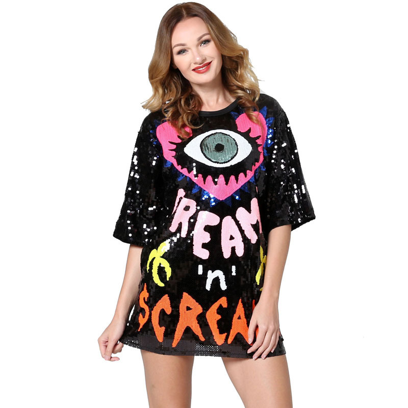 In-Stock Supply 2026 New Spring/Summer Tops with Heart-Shaped Eyes, Letters, and Sequins, Mid-Length Loose T-Shirt
