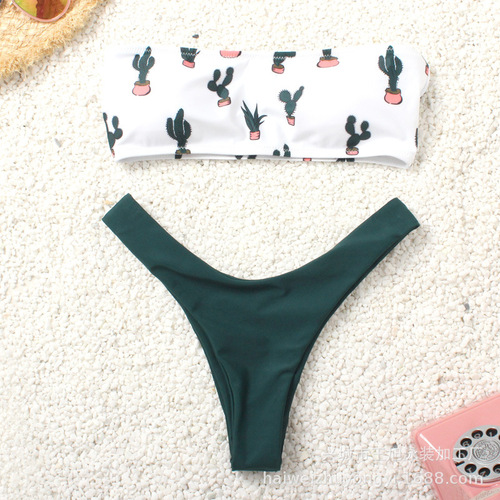 Cross-border new style swimsuit printed cactus multi-color sexy halter one-piece swimsuit women's European and American bikini set 