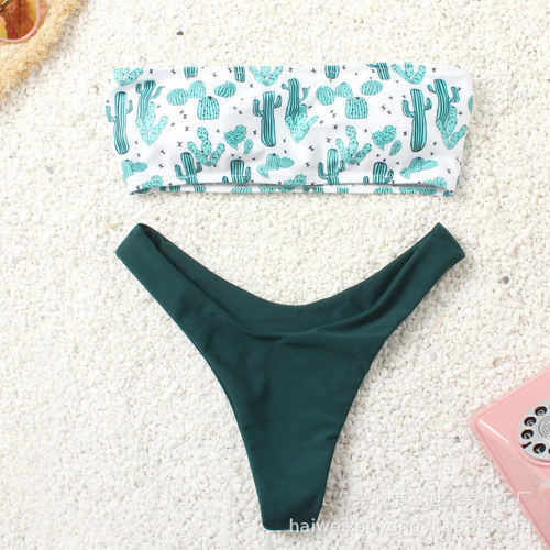Cross-border new style swimsuit printed cactus multi-color sexy halter one-piece swimsuit women's European and American bikini set 