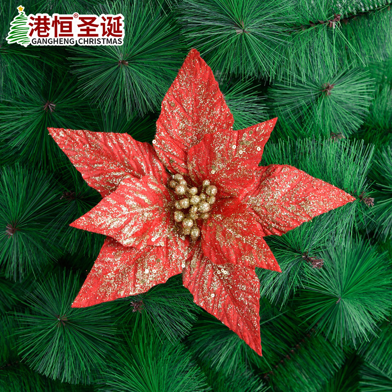 Flor navideña de doble capa con borde dorado simulado, accesorios para corona de árbol de Navidad, decoración navideña para bodas, colgante decorativo floral