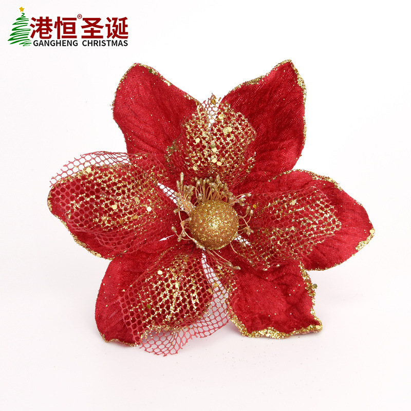 Flor navideña de doble capa con borde dorado simulado, accesorios para corona de árbol de Navidad, decoración navideña para bodas, colgante decorativo floral