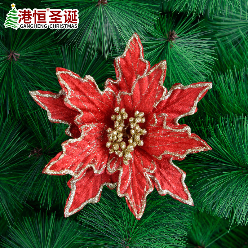 Flor navideña de doble capa con borde dorado simulado, accesorios para corona de árbol de Navidad, decoración navideña para bodas, colgante decorativo floral