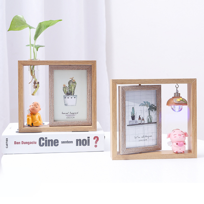 Manufacturer Wholesale Creative Nordic 6inch Photo Frame Display Stand Ins Double-Sided Rotating Wooden Photo Frame with Light Cartoon Pig Photo Frame