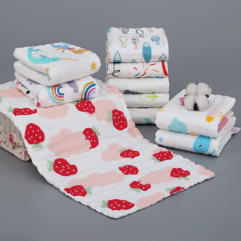 Children's towel six-layer cotton square towel six-layer gauze wash towel washed cotton children's towel printed water mouth towel wholesale