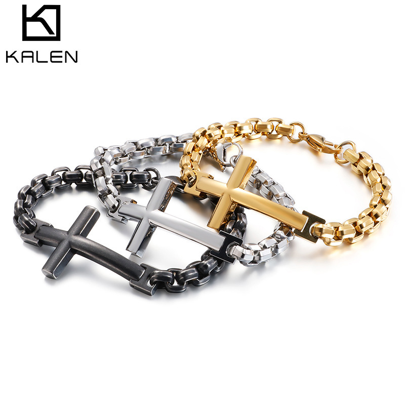 European and American New Style Personalized Titanium Steel Trendy Men's Bracelet Stainless Steel Men's Cross Square Pearl Bracelet Trendy Men's Accessories