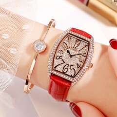 GEDI New Women's Watch Korean Version Full Diamond Fashion Personality Wine Barrel Shape Diamond-Embedded Fashion Leather Strap Women's Watch