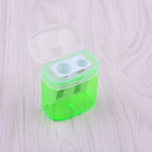 Double-hole plastic pencil sharpener with cover, square pencil sharpener, pencil sharpener, transparent and printable logo, cross-border factory direct sale