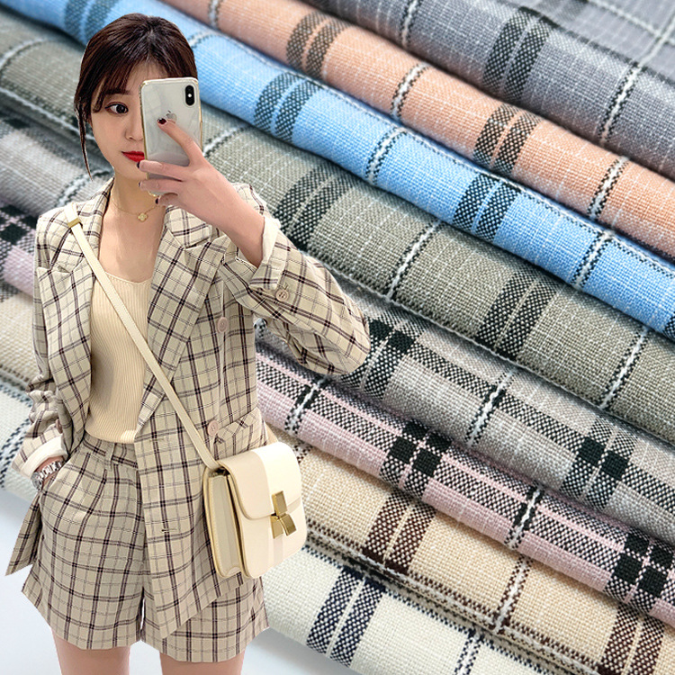 工厂现货涤纶弹力格子面料女装薄款连衣裙布料西装套装衬衫面料