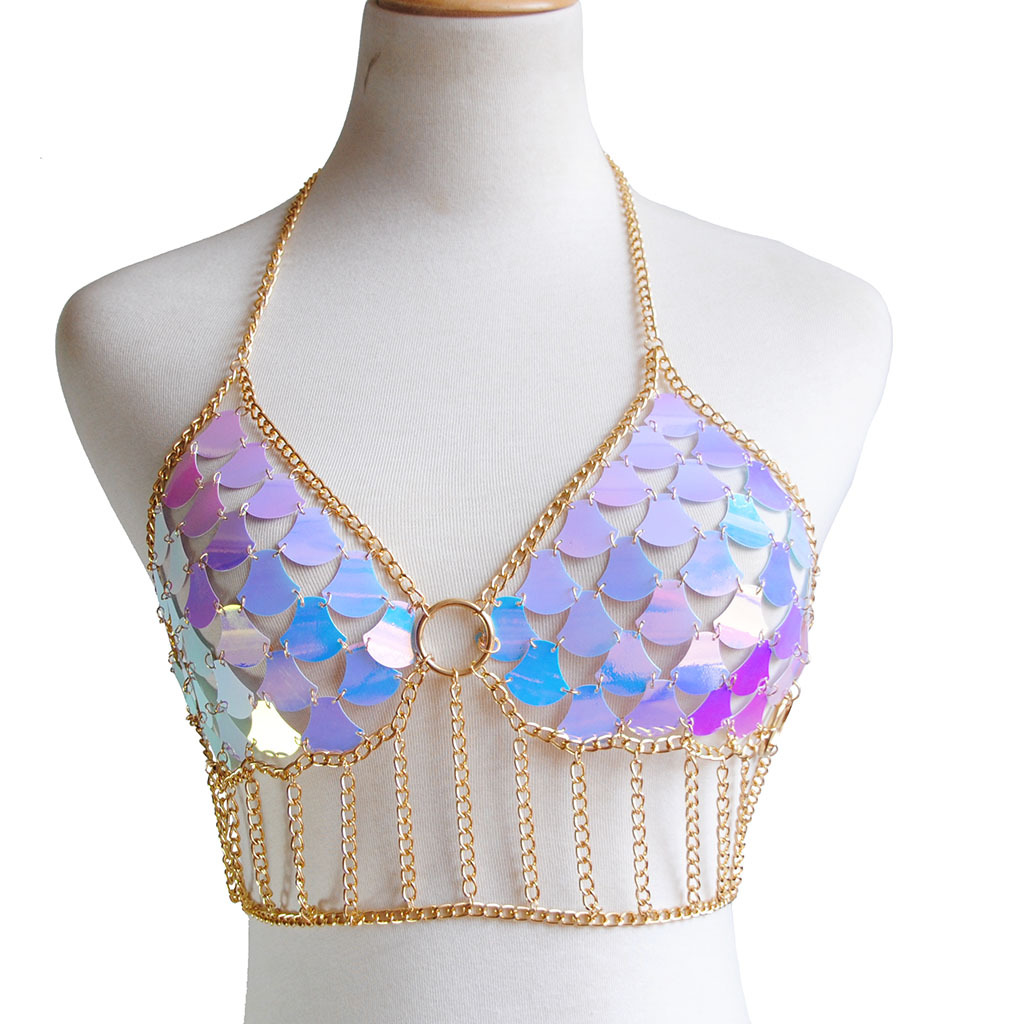 Caliente europeo y americano transfronterizo caliente sexy exagerado lentejuelas + metal cuerpo cadena traje pescado escala lentejuelas cintura cadena traje nuevo