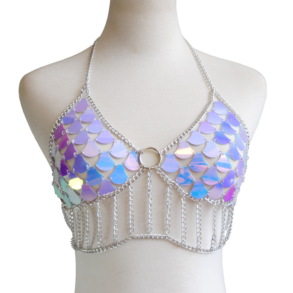 Caliente europeo y americano transfronterizo caliente sexy exagerado lentejuelas + metal cuerpo cadena traje pescado escala lentejuelas cintura cadena traje nuevo